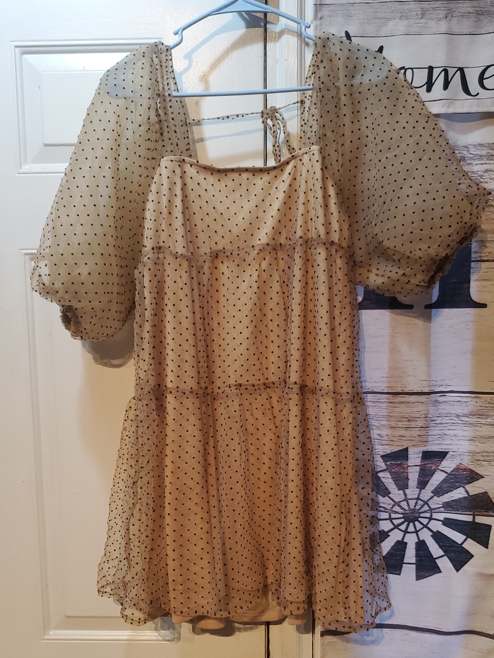 Lush Beige Mini Dress with Black Polka Dots and Puff Sleeves